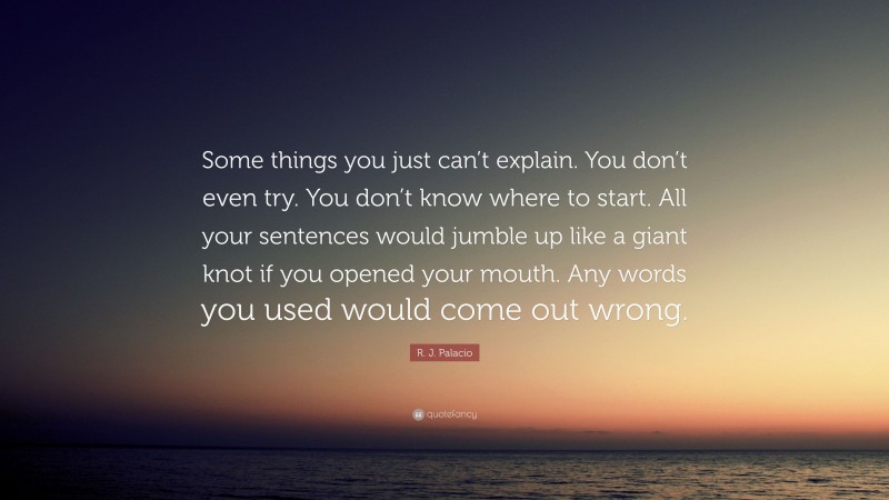 R. J. Palacio Quote: “Some things you just can’t explain. You don’t even try. You don’t know where to start. All your sentences would jumble up like a giant knot if you opened your mouth. Any words you used would come out wrong.”