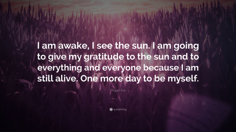Miguel Ruiz Quote: “I am awake, I see the sun. I am going to give my gratitude to the sun and to everything and everyone because I am still alive. One more day to be myself.”