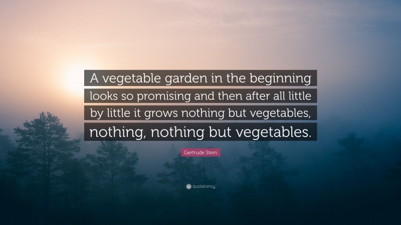 Gertrude Stein Quote: “A vegetable garden in the beginning looks so promising and then after all little by little it grows nothing but vegetables, nothing, nothing but vegetables.”