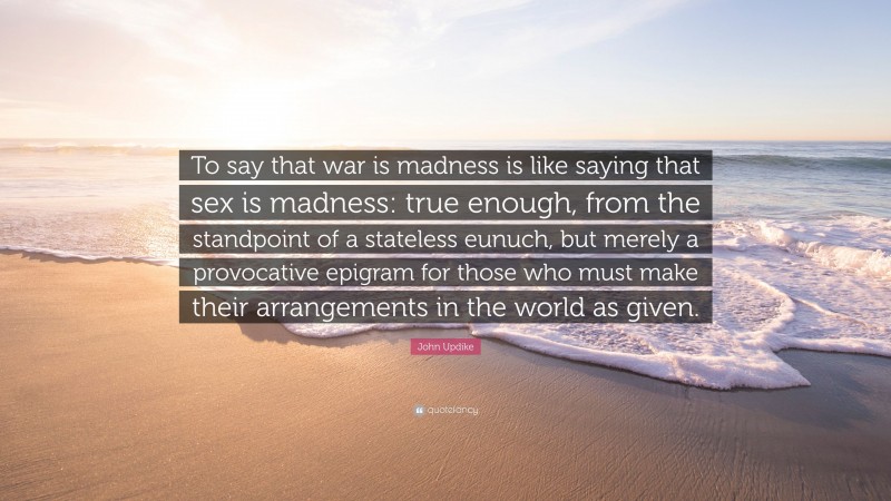 John Updike Quote: “To say that war is madness is like saying that sex is madness: true enough, from the standpoint of a stateless eunuch, but merely a provocative epigram for those who must make their arrangements in the world as given.”
