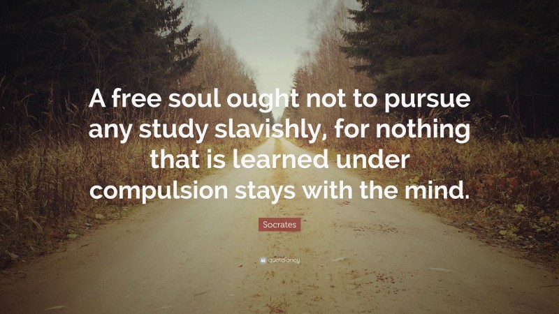 Socrates Quote: “A free soul ought not to pursue any study slavishly, for nothing that is learned under compulsion stays with the mind.”