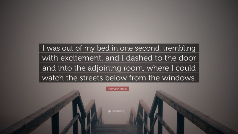 Hermann Hesse Quote: “I was out of my bed in one second, trembling with excitement, and I dashed to the door and into the adjoining room, where I could watch the streets below from the windows.”