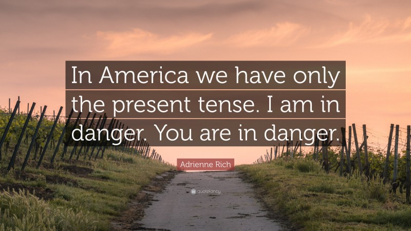 Adrienne Rich Quote: “In America we have only the present tense. I am in danger. You are in danger.”