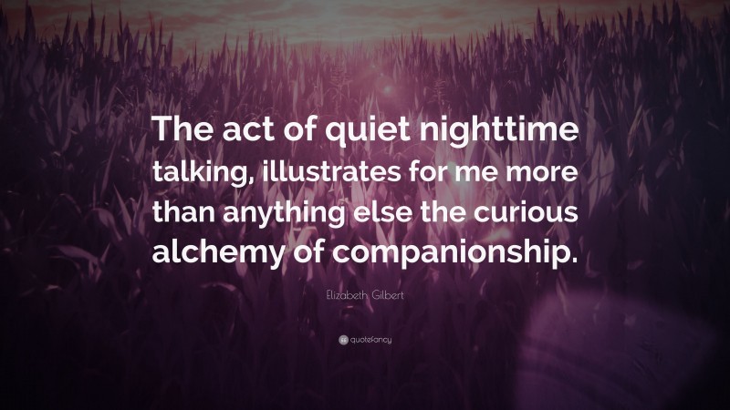 Elizabeth Gilbert Quote: “The act of quiet nighttime talking, illustrates for me more than anything else the curious alchemy of companionship.”
