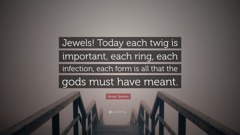 Anne Sexton Quote: “Jewels! Today each twig is important, each ring, each infection, each form is all that the gods must have meant.”