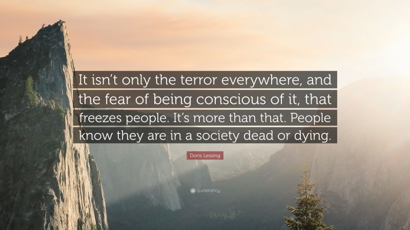Doris Lessing Quote: “It isn’t only the terror everywhere, and the fear of being conscious of it, that freezes people. It’s more than that. People know they are in a society dead or dying.”