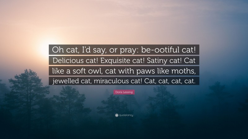 Doris Lessing Quote: “Oh cat, I’d say, or pray: be-ootiful cat! Delicious cat! Exquisite cat! Satiny cat! Cat like a soft owl, cat with paws like moths, jewelled cat, miraculous cat! Cat, cat, cat, cat.”