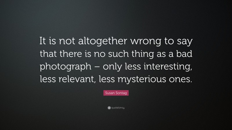 Susan Sontag Quote: “It is not altogether wrong to say that there is no such thing as a bad photograph – only less interesting, less relevant, less mysterious ones.”