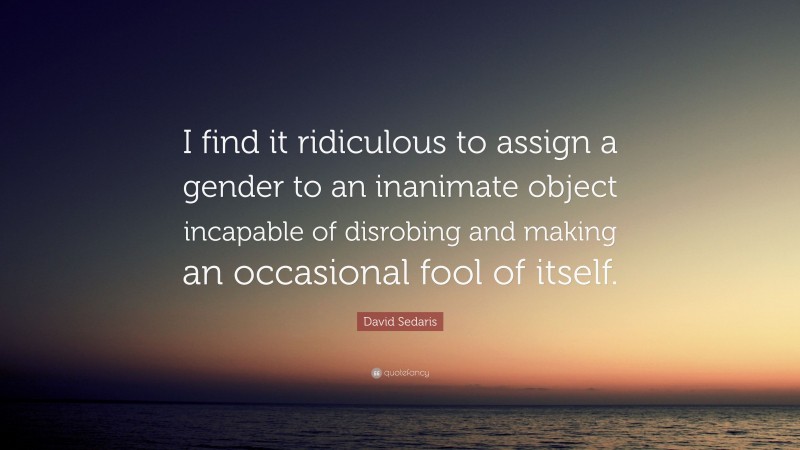 David Sedaris Quote: “I find it ridiculous to assign a gender to an inanimate object incapable of disrobing and making an occasional fool of itself.”