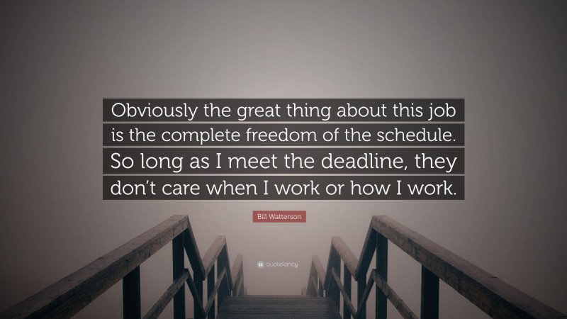 Bill Watterson Quote: “Obviously the great thing about this job is the complete freedom of the schedule. So long as I meet the deadline, they don’t care when I work or how I work.”