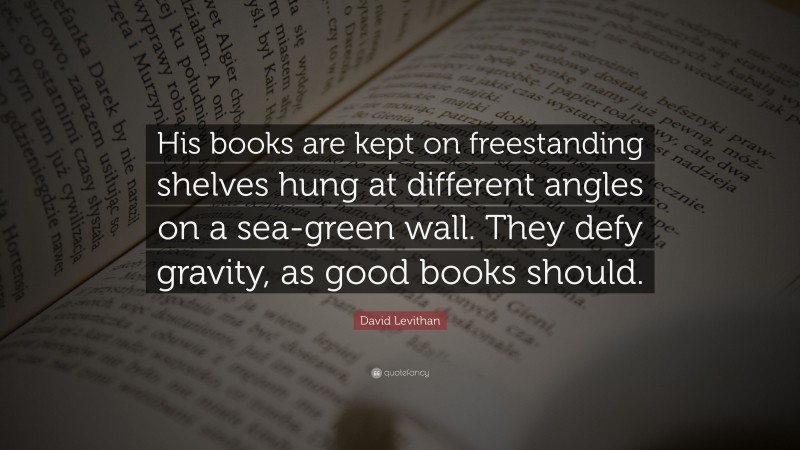 David Levithan Quote: “His books are kept on freestanding shelves hung at different angles on a sea-green wall. They defy gravity, as good books should.”