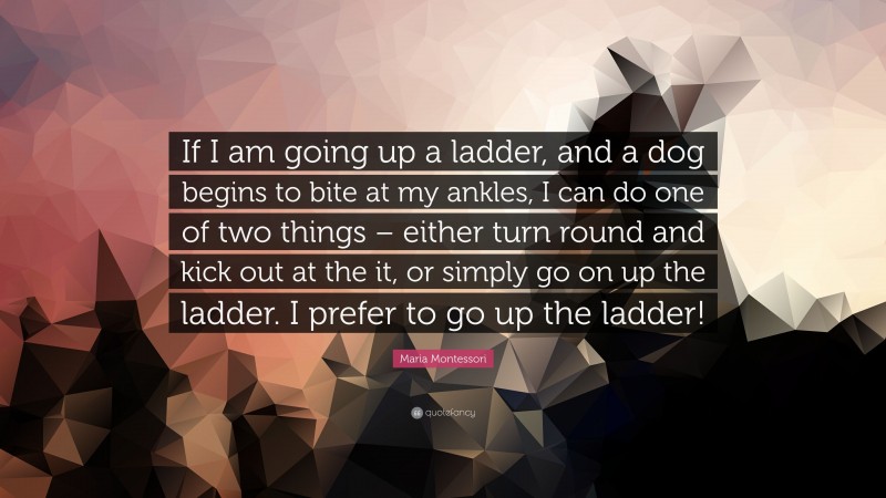Maria Montessori Quote: “If I am going up a ladder, and a dog begins to bite at my ankles, I can do one of two things – either turn round and kick out at the it, or simply go on up the ladder. I prefer to go up the ladder!”