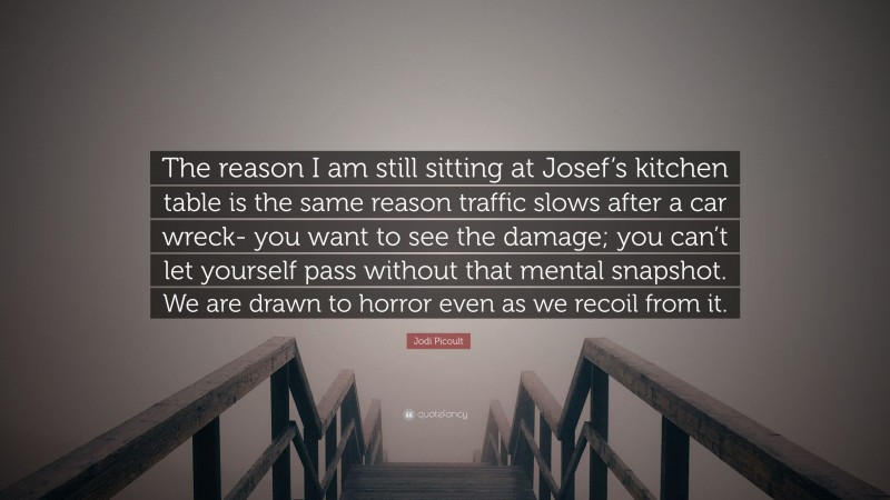 Jodi Picoult Quote: “The reason I am still sitting at Josef’s kitchen table is the same reason traffic slows after a car wreck- you want to see the damage; you can’t let yourself pass without that mental snapshot. We are drawn to horror even as we recoil from it.”