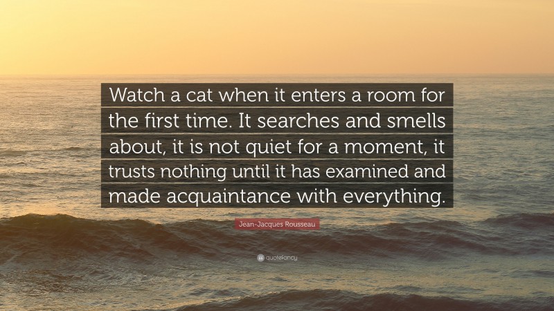 Jean-Jacques Rousseau Quote: “Watch a cat when it enters a room for the first time. It searches and smells about, it is not quiet for a moment, it trusts nothing until it has examined and made acquaintance with everything.”