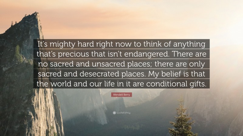 Wendell Berry Quote: “It’s mighty hard right now to think of anything that’s precious that isn’t endangered. There are no sacred and unsacred places; there are only sacred and desecrated places. My belief is that the world and our life in it are conditional gifts.”