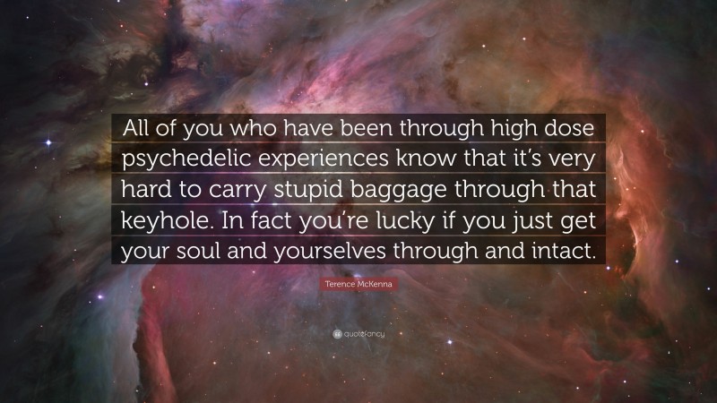 Terence McKenna Quote: “All of you who have been through high dose psychedelic experiences know that it’s very hard to carry stupid baggage through that keyhole. In fact you’re lucky if you just get your soul and yourselves through and intact.”