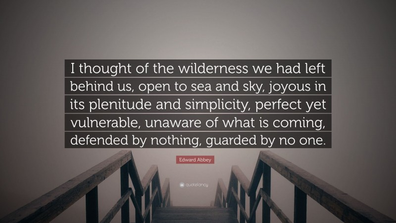 Edward Abbey Quote: “I thought of the wilderness we had left behind us, open to sea and sky, joyous in its plenitude and simplicity, perfect yet vulnerable, unaware of what is coming, defended by nothing, guarded by no one.”