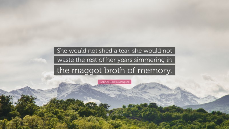 Gabriel Garcí­a Márquez Quote: “She would not shed a tear, she would not waste the rest of her years simmering in the maggot broth of memory.”