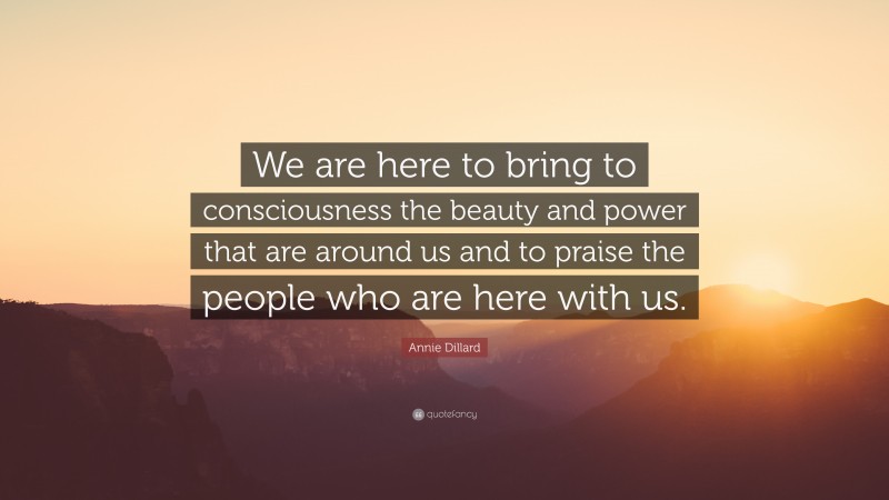 Annie Dillard Quote: “We are here to bring to consciousness the beauty and power that are around us and to praise the people who are here with us.”