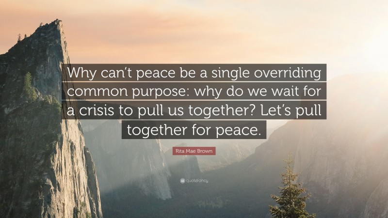 Rita Mae Brown Quote: “Why can’t peace be a single overriding common purpose: why do we wait for a crisis to pull us together? Let’s pull together for peace.”