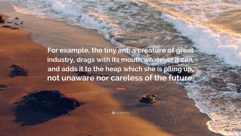 Horace Quote: “For example, the tiny ant, a creature of great industry, drags with its mouth whatever it can, and adds it to the heap which she is piling up, not unaware nor careless of the future.”