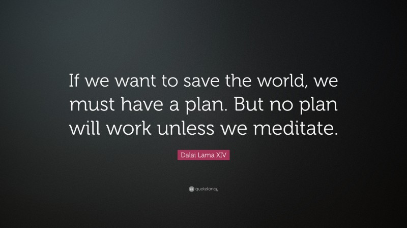 Dalai Lama XIV Quote: “If we want to save the world, we must have a plan. But no plan will work unless we meditate.”