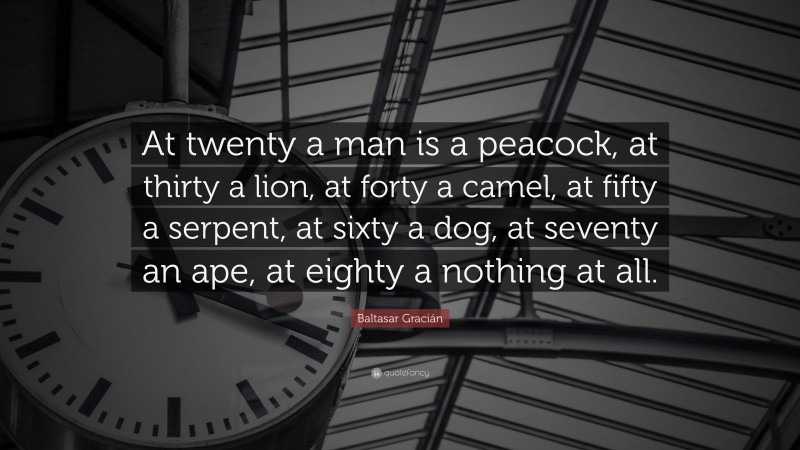 Baltasar Gracián Quote: “At twenty a man is a peacock, at thirty a lion, at forty a camel, at fifty a serpent, at sixty a dog, at seventy an ape, at eighty a nothing at all.”