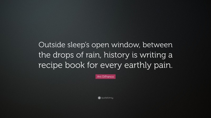 Ani DiFranco Quote: “Outside sleep’s open window, between the drops of rain, history is writing a recipe book for every earthly pain.”