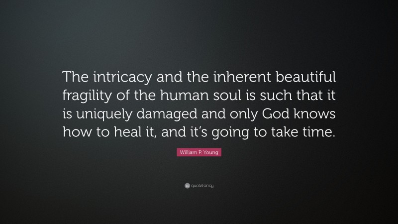 William P. Young Quote: “The intricacy and the inherent beautiful fragility of the human soul is such that it is uniquely damaged and only God knows how to heal it, and it’s going to take time.”