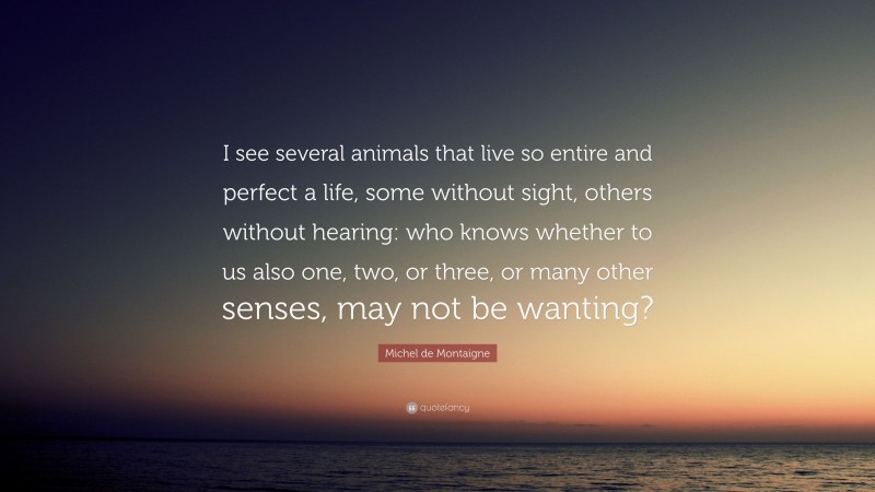 Michel de Montaigne Quote: “I see several animals that live so entire and perfect a life, some without sight, others without hearing: who knows whether to us also one, two, or three, or many other senses, may not be wanting?”