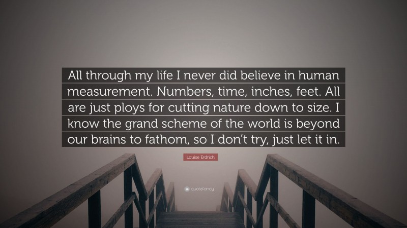 Louise Erdrich Quote: “All through my life I never did believe in human measurement. Numbers, time, inches, feet. All are just ploys for cutting nature down to size. I know the grand scheme of the world is beyond our brains to fathom, so I don’t try, just let it in.”