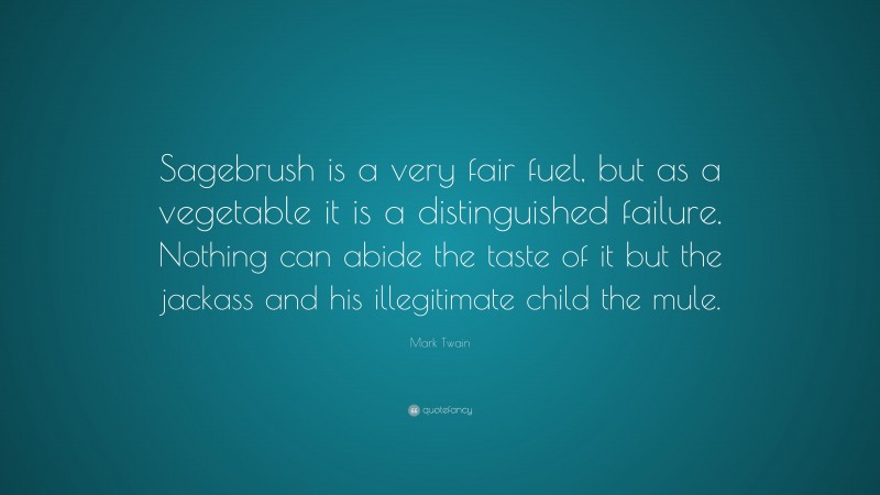 Mark Twain Quote: “Sagebrush is a very fair fuel, but as a vegetable it is a distinguished failure. Nothing can abide the taste of it but the jackass and his illegitimate child the mule.”