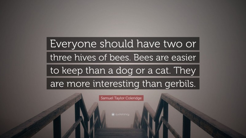 Samuel Taylor Coleridge Quote: “Everyone should have two or three hives of bees. Bees are easier to keep than a dog or a cat. They are more interesting than gerbils.”