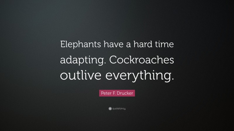 Peter F. Drucker Quote: “Elephants have a hard time adapting. Cockroaches outlive everything.”