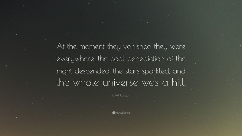 E. M. Forster Quote: “At the moment they vanished they were everywhere, the cool benediction of the night descended, the stars sparkled, and the whole universe was a hill.”