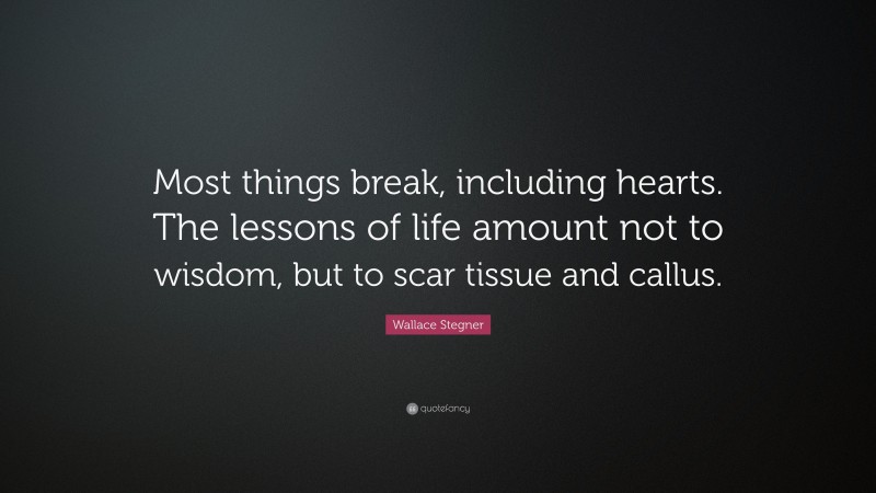 Wallace Stegner Quote: “Most things break, including hearts. The lessons of life amount not to wisdom, but to scar tissue and callus.”