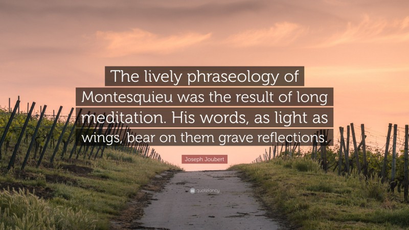 Joseph Joubert Quote: “The lively phraseology of Montesquieu was the result of long meditation. His words, as light as wings, bear on them grave reflections.”