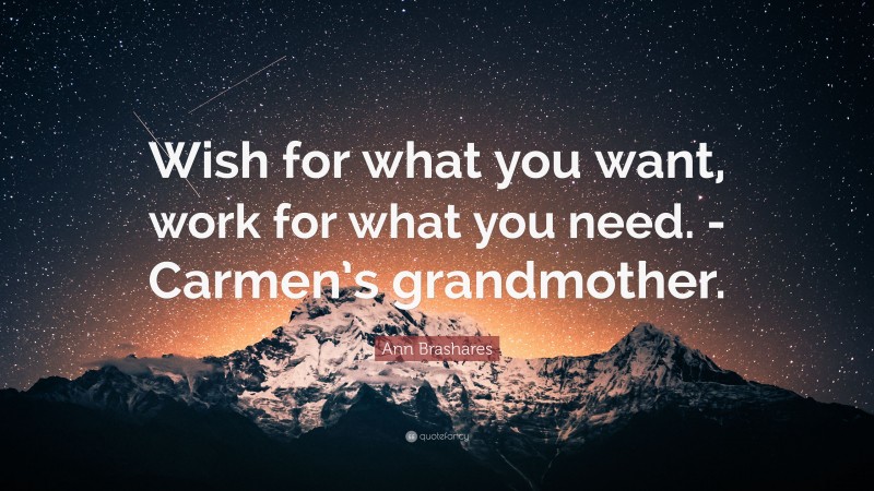Ann Brashares Quote: “Wish for what you want, work for what you need. -Carmen’s grandmother.”