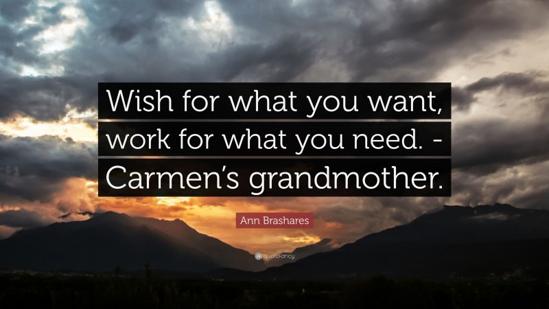 Ann Brashares Quote: “Wish for what you want, work for what you need. -Carmen’s grandmother.”