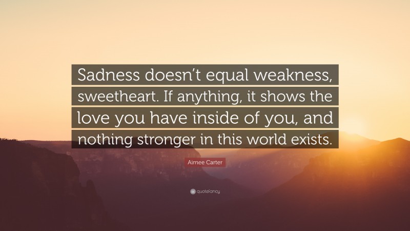 Aimee Carter Quote: “Sadness doesn’t equal weakness, sweetheart. If anything, it shows the love you have inside of you, and nothing stronger in this world exists.”