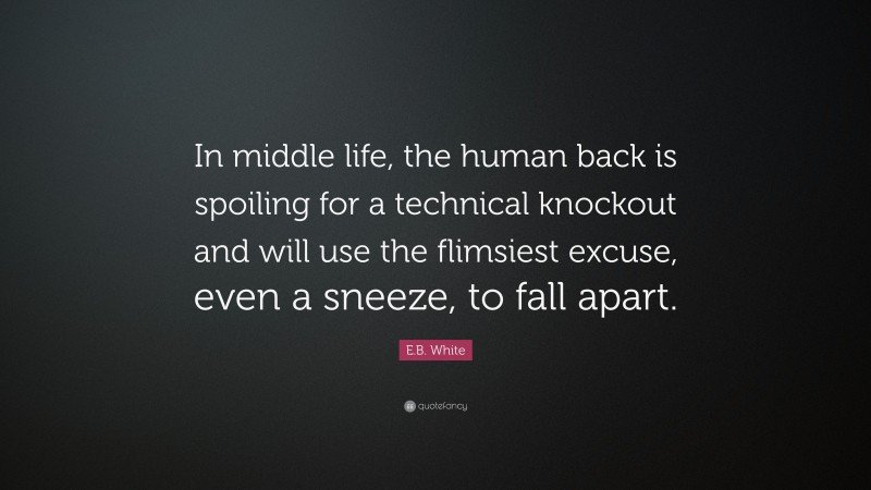 E.B. White Quote: “In middle life, the human back is spoiling for a technical knockout and will use the flimsiest excuse, even a sneeze, to fall apart.”