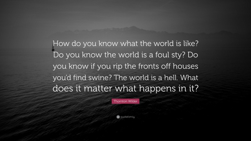 Thornton Wilder Quote: “How do you know what the world is like? Do you know the world is a foul sty? Do you know if you rip the fronts off houses you’d find swine? The world is a hell. What does it matter what happens in it?”