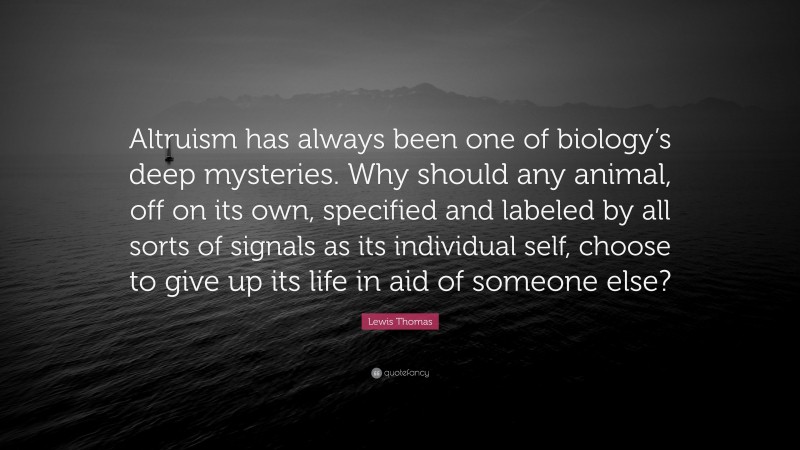 Lewis Thomas Quote: “Altruism has always been one of biology’s deep mysteries. Why should any animal, off on its own, specified and labeled by all sorts of signals as its individual self, choose to give up its life in aid of someone else?”