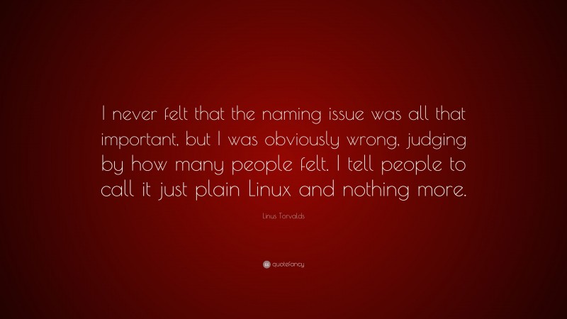 Linus Torvalds Quote: “I never felt that the naming issue was all that important, but I was obviously wrong, judging by how many people felt. I tell people to call it just plain Linux and nothing more.”