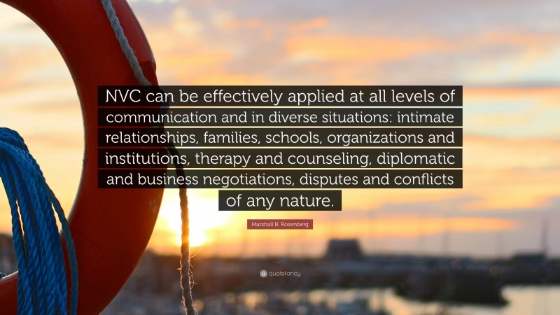 Marshall B. Rosenberg Quote: “NVC can be effectively applied at all levels of communication and in diverse situations: intimate relationships, families, schools, organizations and institutions, therapy and counseling, diplomatic and business negotiations, disputes and conflicts of any nature.”