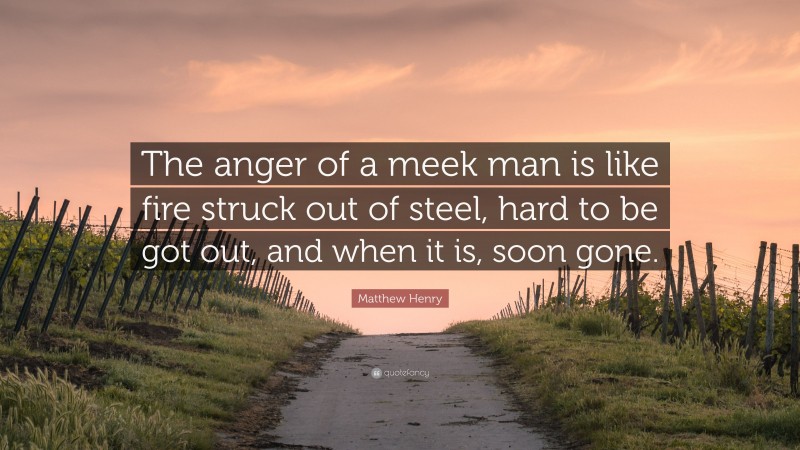 Matthew Henry Quote: “The anger of a meek man is like fire struck out of steel, hard to be got out, and when it is, soon gone.”