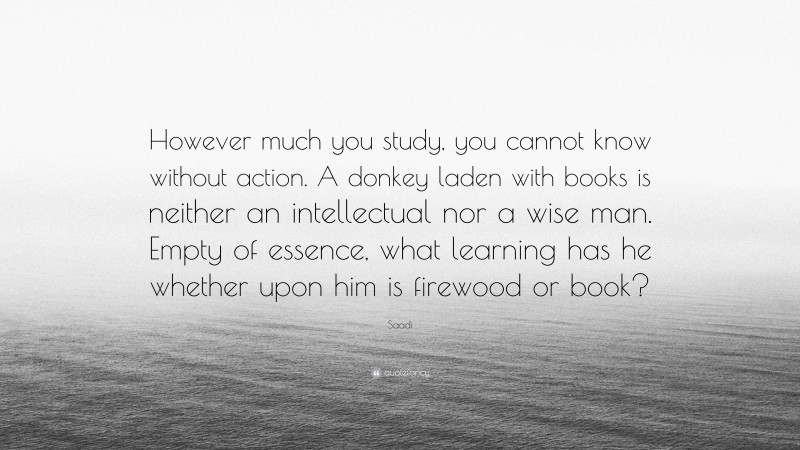 Saadi Quote: “However much you study, you cannot know without action. A donkey laden with books is neither an intellectual nor a wise man. Empty of essence, what learning has he whether upon him is firewood or book?”