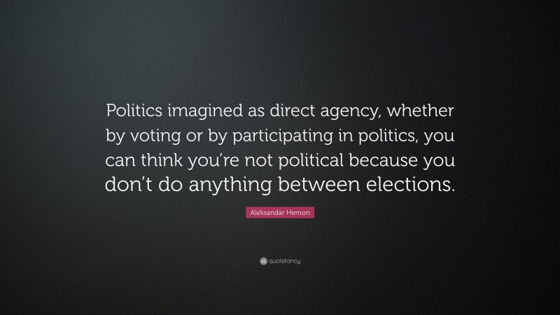 Aleksandar Hemon Quote: “Politics imagined as direct agency, whether by voting or by participating in politics, you can think you’re not political because you don’t do anything between elections.”