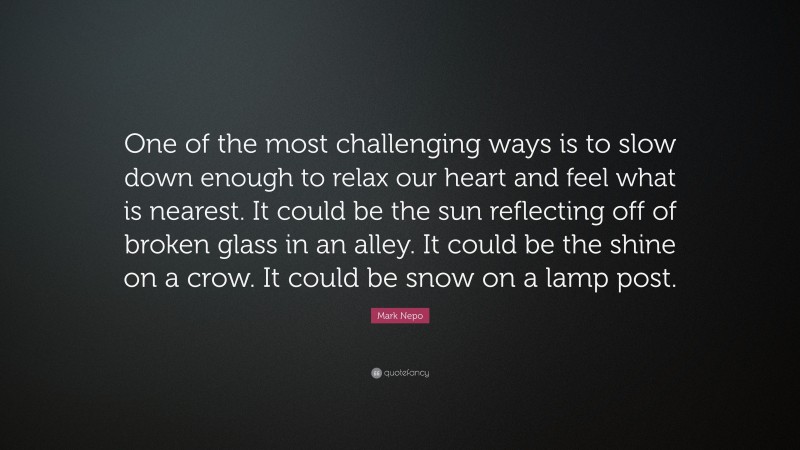 Mark Nepo Quote: “One of the most challenging ways is to slow down enough to relax our heart and feel what is nearest. It could be the sun reflecting off of broken glass in an alley. It could be the shine on a crow. It could be snow on a lamp post.”