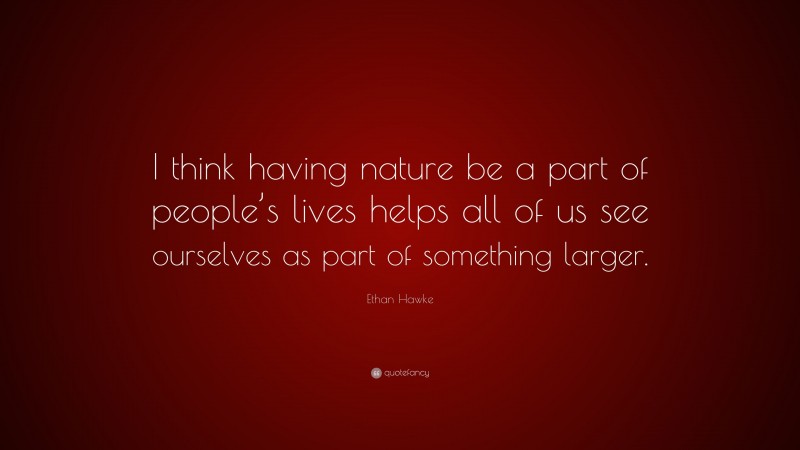 Ethan Hawke Quote: “I think having nature be a part of people’s lives helps all of us see ourselves as part of something larger.”